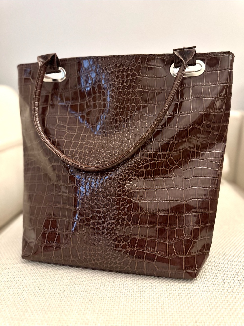 Brown Crocodile Embossed Faux Leather Tote Bag Silver Tone Hardware